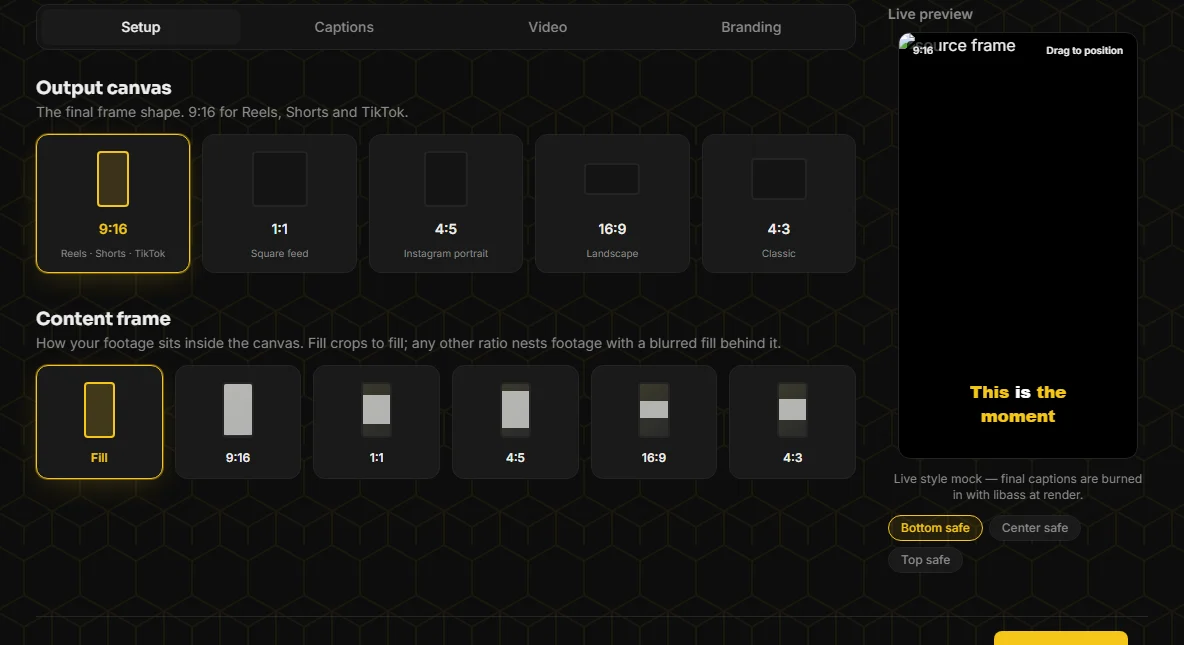 Hive Clips AI configure screen with output canvas options 9:16, 1:1, 4:5, 16:9 and 4:3