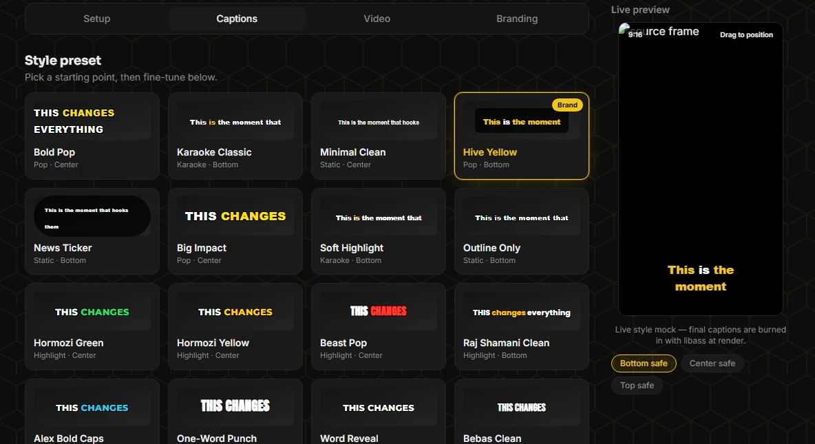Hive Clips AI caption style presets including Bold Pop, Karaoke Classic, Hive Yellow and Hormozi Green