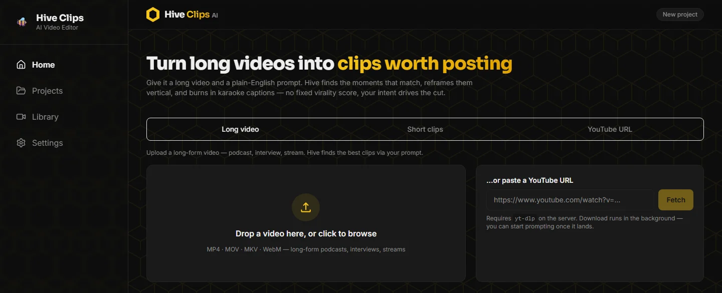 Hive Clips AI home screen with a video upload area and a YouTube URL field